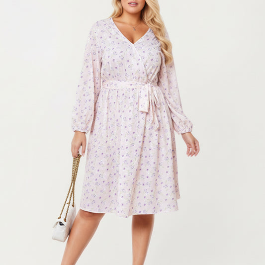 Plus Size Floral Print Long Sleeve Wrap Midi Dress with V-Neckline and Adjustable Waist Tie