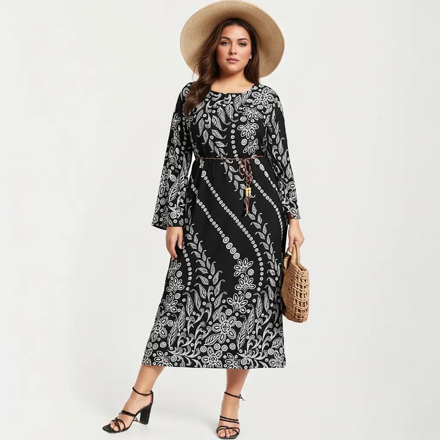 Plus Size Paisley Print Long Sleeve Midi Dress with Round Neckline and Adjustable Waist Tie
