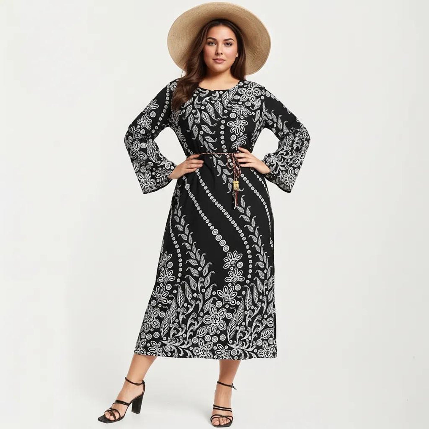Plus Size Paisley Print Long Sleeve Midi Dress with Round Neckline and Adjustable Waist Tie