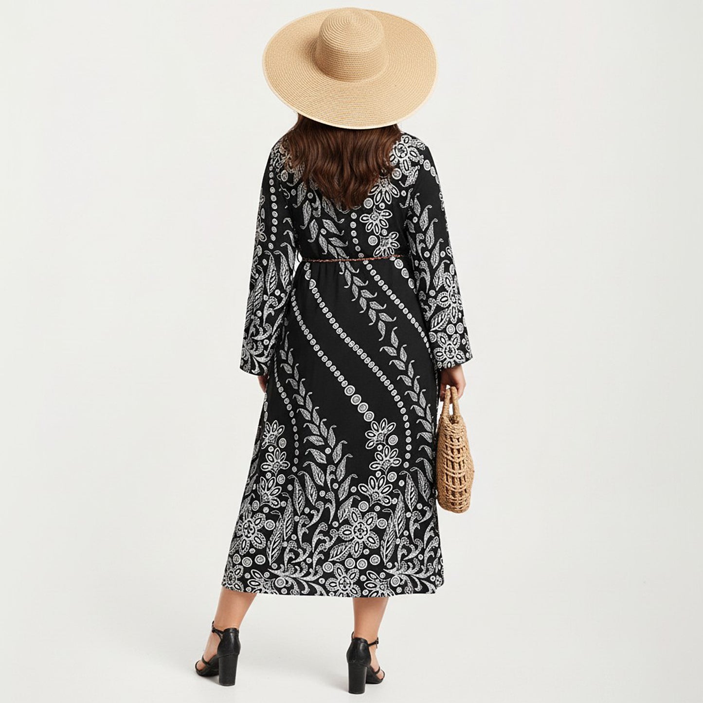 Plus Size Paisley Print Long Sleeve Midi Dress with Round Neckline and Adjustable Waist Tie