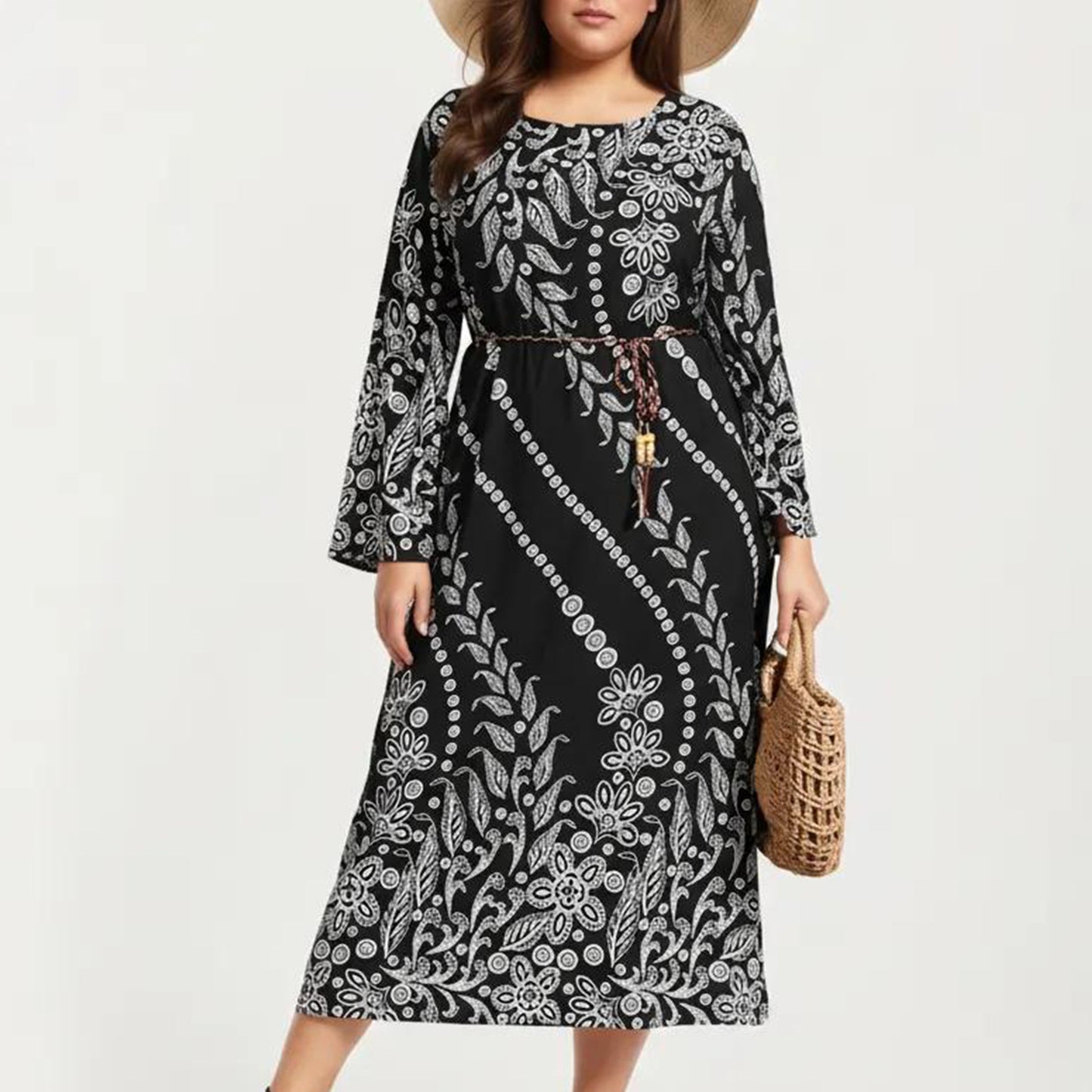 Plus Size Paisley Print Long Sleeve Midi Dress with Round Neckline and Adjustable Waist Tie
