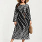 Plus Size Paisley Print Long Sleeve Midi Dress with Round Neckline and Adjustable Waist Tie