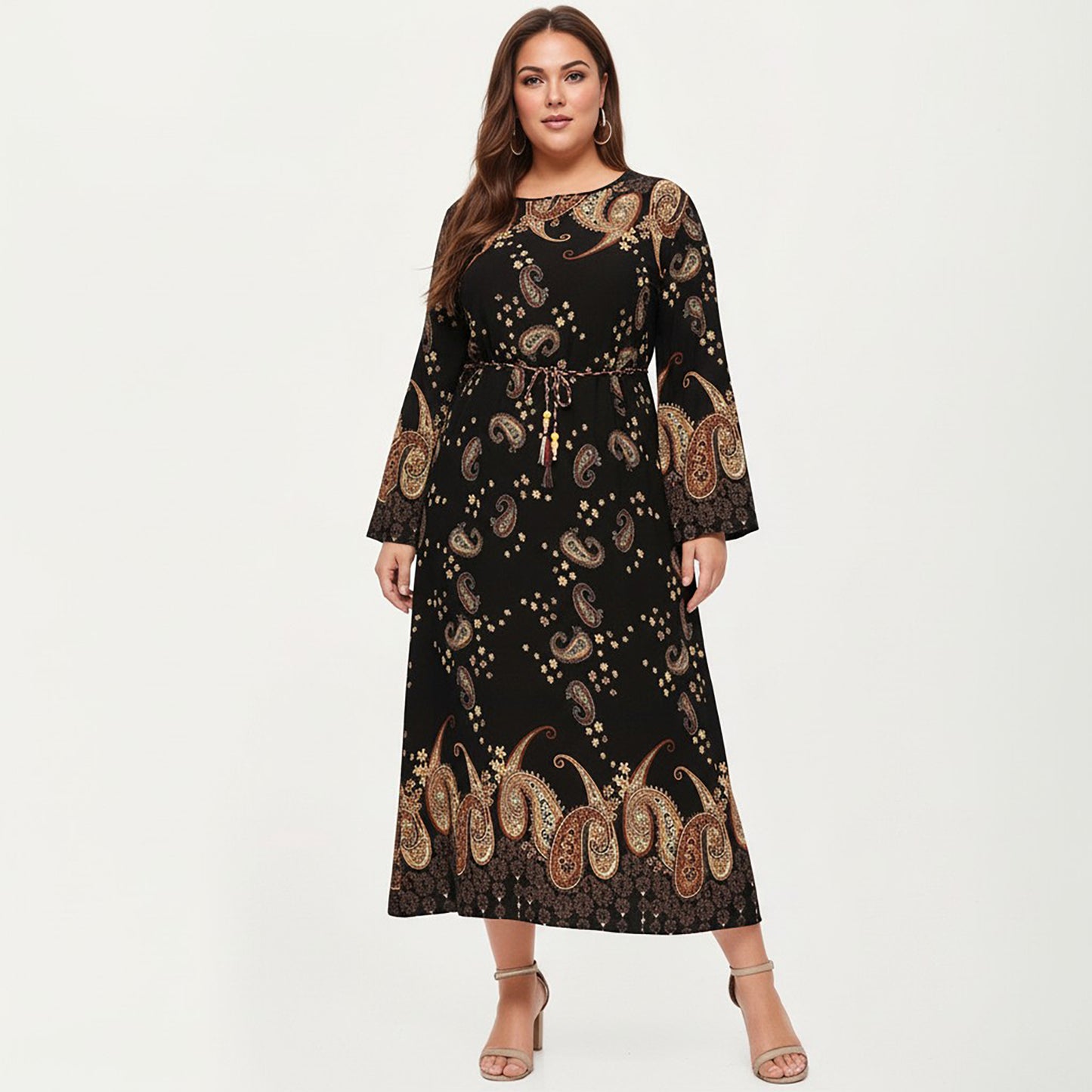 Plus Size Paisley Print Long Sleeve Midi Dress with Round Neckline and Adjustable Waist Tie