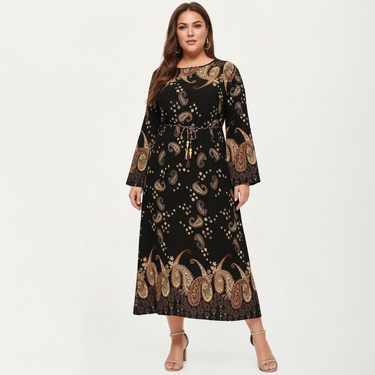 Plus Size Paisley Print Long Sleeve Midi Dress with Round Neckline and Adjustable Waist Tie