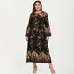 Plus Size Paisley Print Long Sleeve Midi Dress with Round Neckline and Adjustable Waist Tie