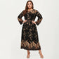 Plus Size Paisley Print Long Sleeve Midi Dress with Round Neckline and Adjustable Waist Tie