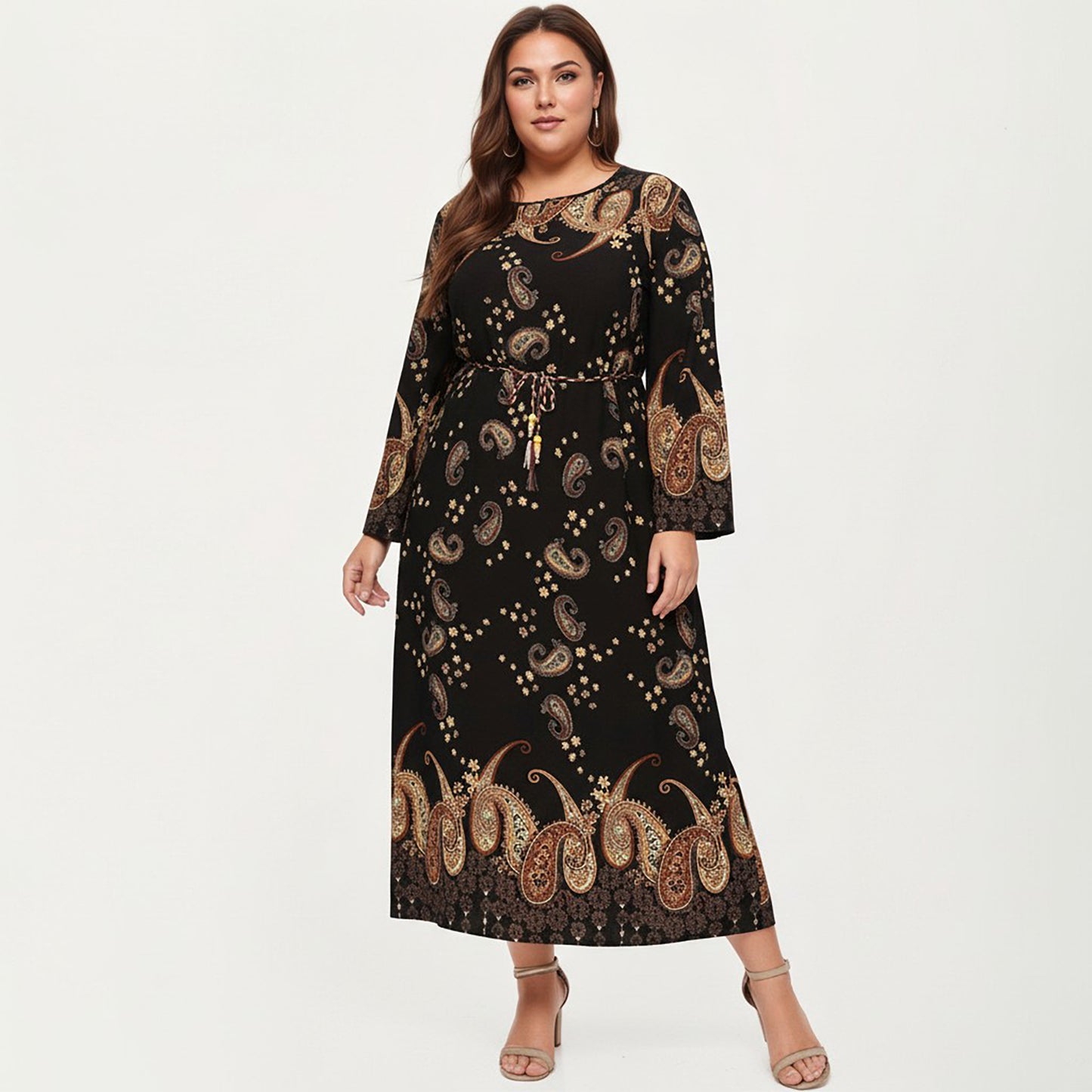 Plus Size Paisley Print Long Sleeve Midi Dress with Round Neckline and Adjustable Waist Tie