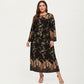 Plus Size Paisley Print Long Sleeve Midi Dress with Round Neckline and Adjustable Waist Tie