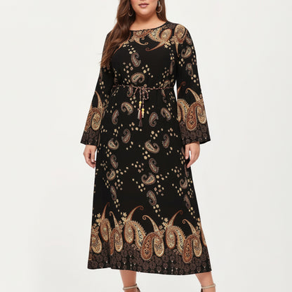 Plus Size Paisley Print Long Sleeve Midi Dress with Round Neckline and Adjustable Waist Tie