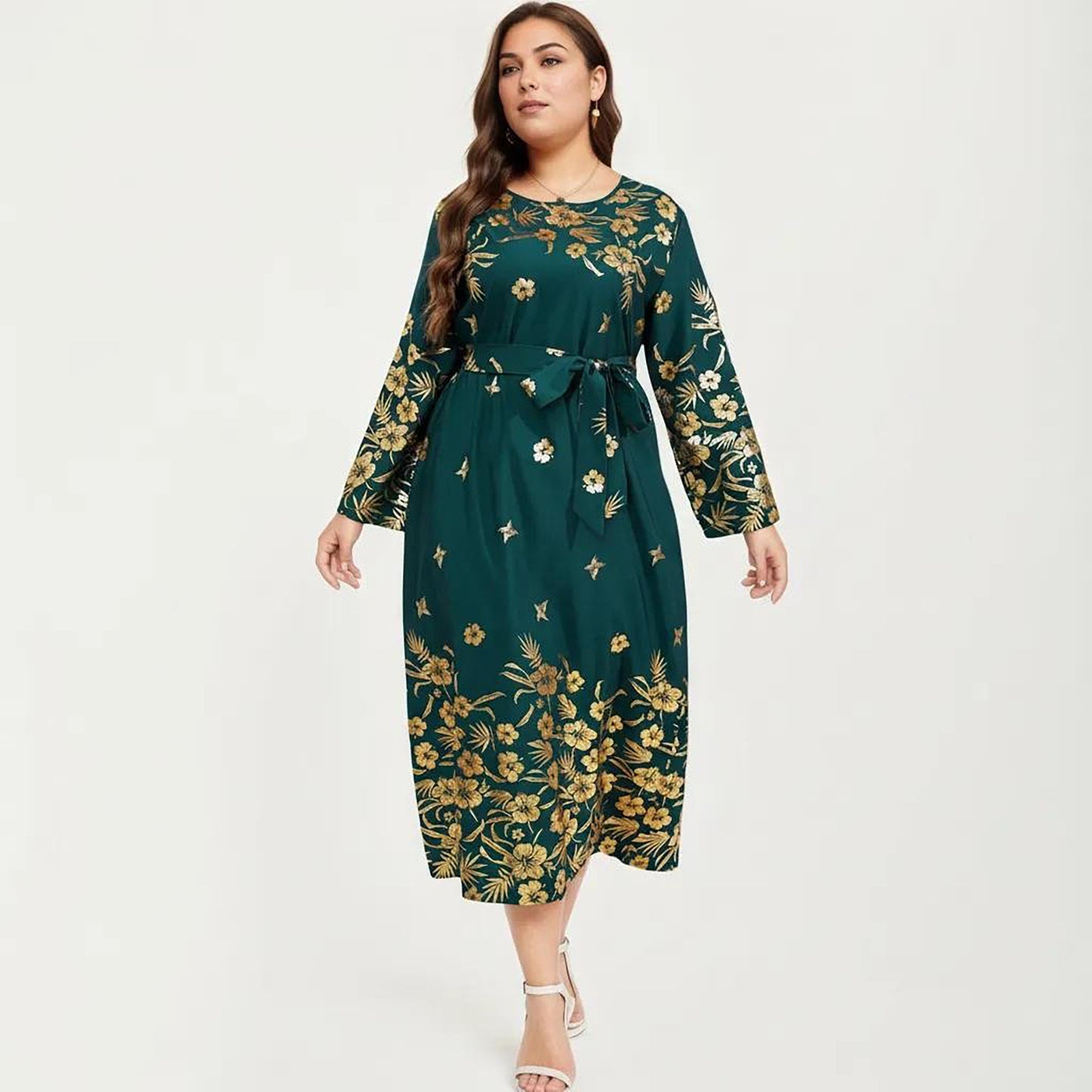 Plus Size Paisley Print Long Sleeve Midi Dress with Round Neckline and Adjustable Waist Tie