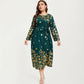 Plus Size Paisley Print Long Sleeve Midi Dress with Round Neckline and Adjustable Waist Tie
