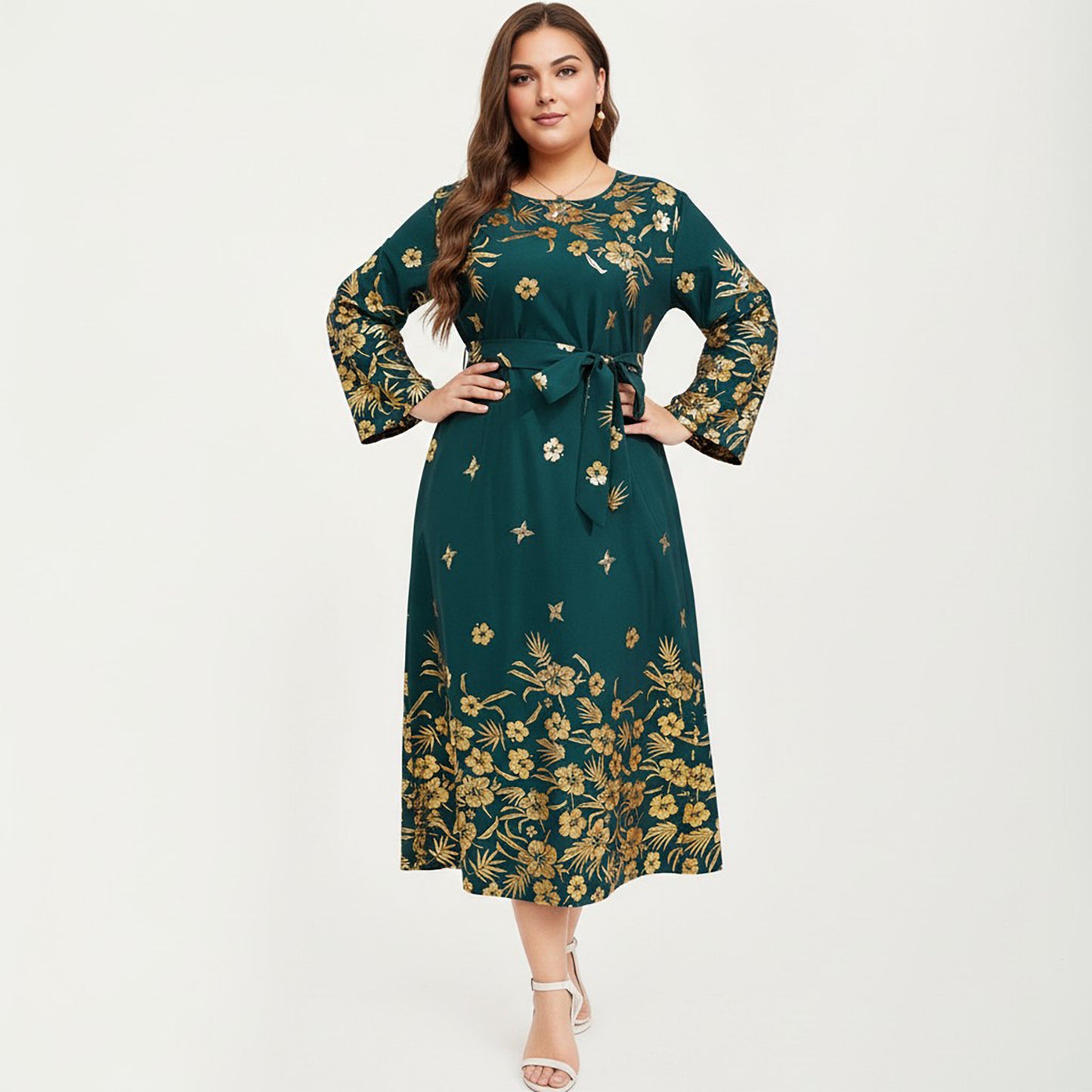 Plus Size Paisley Print Long Sleeve Midi Dress with Round Neckline and Adjustable Waist Tie
