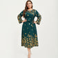 Plus Size Paisley Print Long Sleeve Midi Dress with Round Neckline and Adjustable Waist Tie