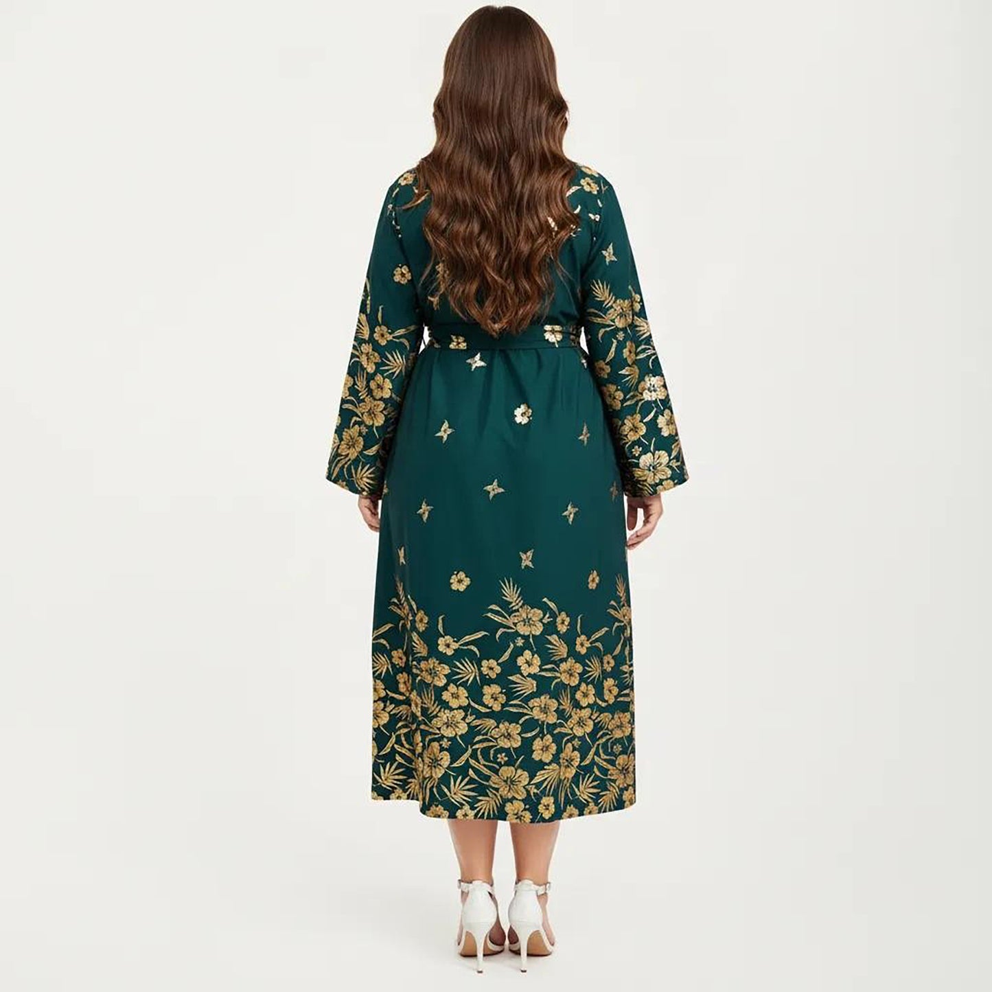 Plus Size Paisley Print Long Sleeve Midi Dress with Round Neckline and Adjustable Waist Tie