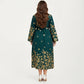 Plus Size Paisley Print Long Sleeve Midi Dress with Round Neckline and Adjustable Waist Tie