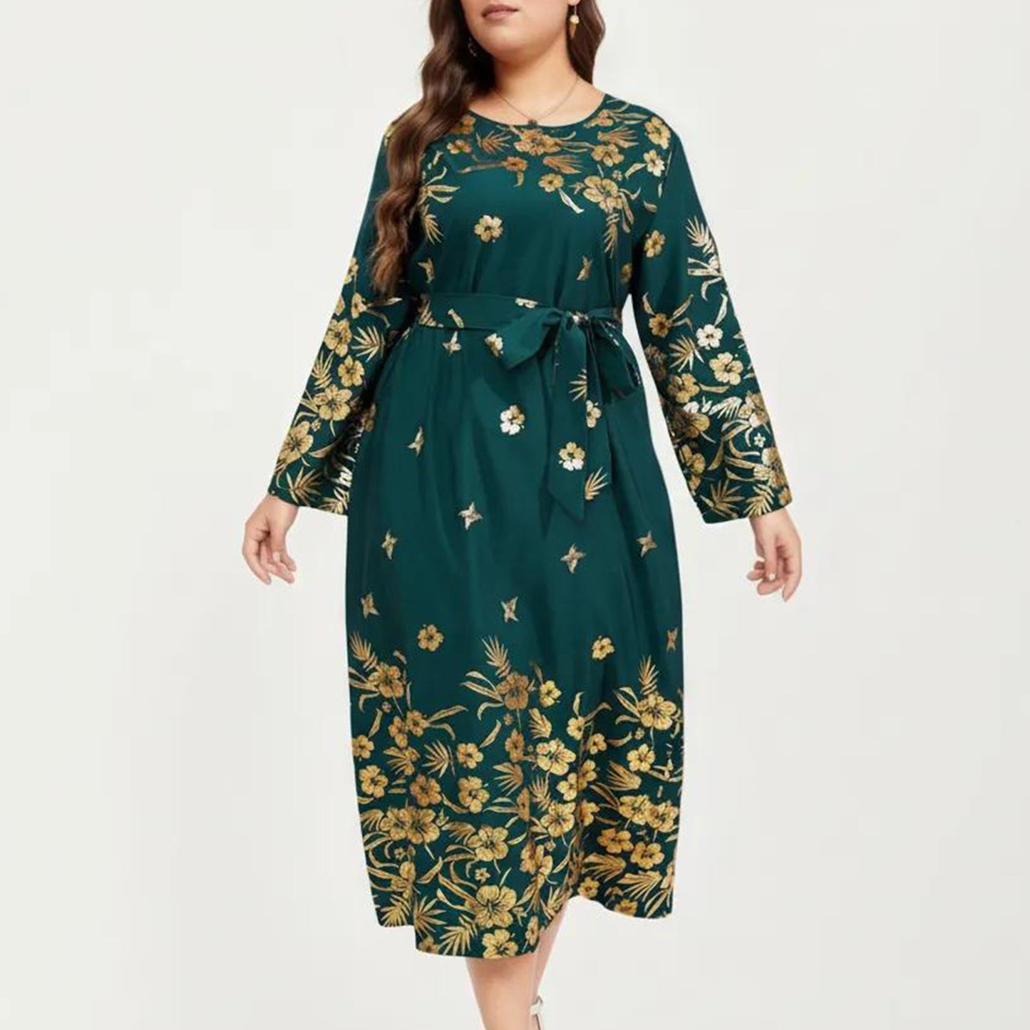 Plus Size Paisley Print Long Sleeve Midi Dress with Round Neckline and Adjustable Waist Tie