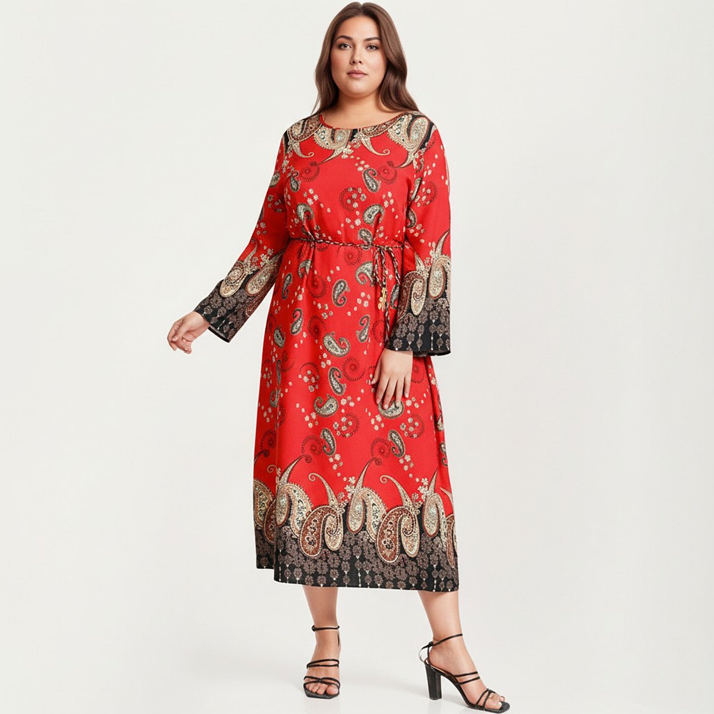 Plus Size Paisley Print Long Sleeve Midi Dress with Round Neckline and Adjustable Waist Tie