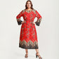 Plus Size Paisley Print Long Sleeve Midi Dress with Round Neckline and Adjustable Waist Tie
