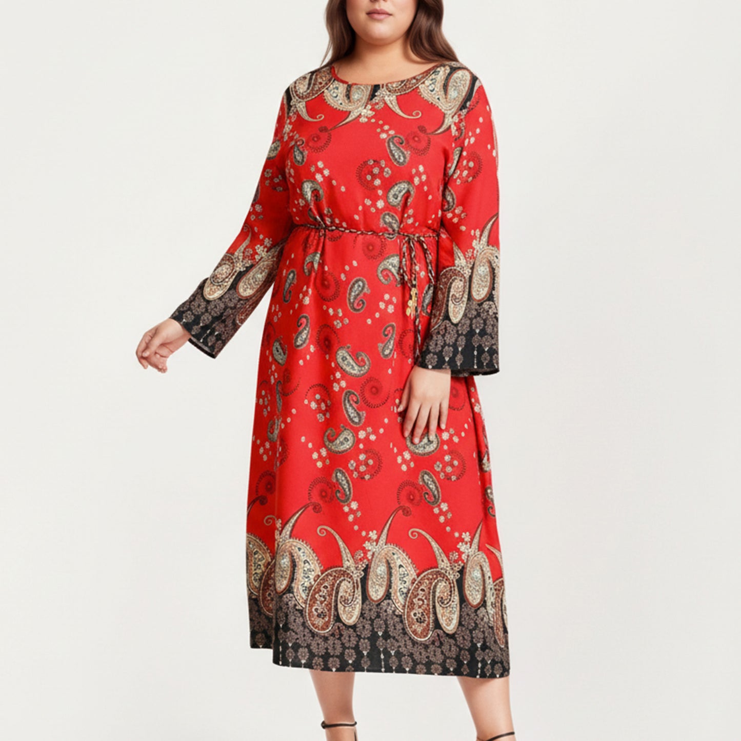 Plus Size Paisley Print Long Sleeve Midi Dress with Round Neckline and Adjustable Waist Tie