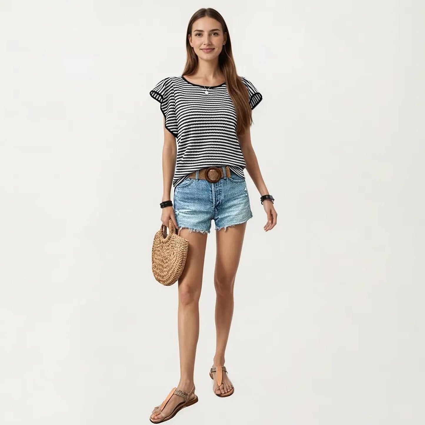 Striped Knit Short Sleeve Top with Contrast Trim Crew Neck