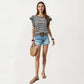 Striped Knit Short Sleeve Top with Contrast Trim Crew Neck