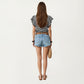 Striped Knit Short Sleeve Top with Contrast Trim Crew Neck