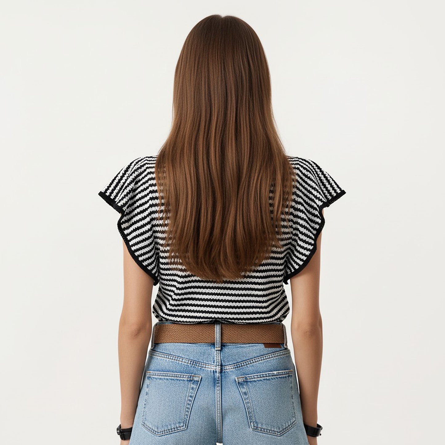 Striped Knit Short Sleeve Top with Contrast Trim Crew Neck