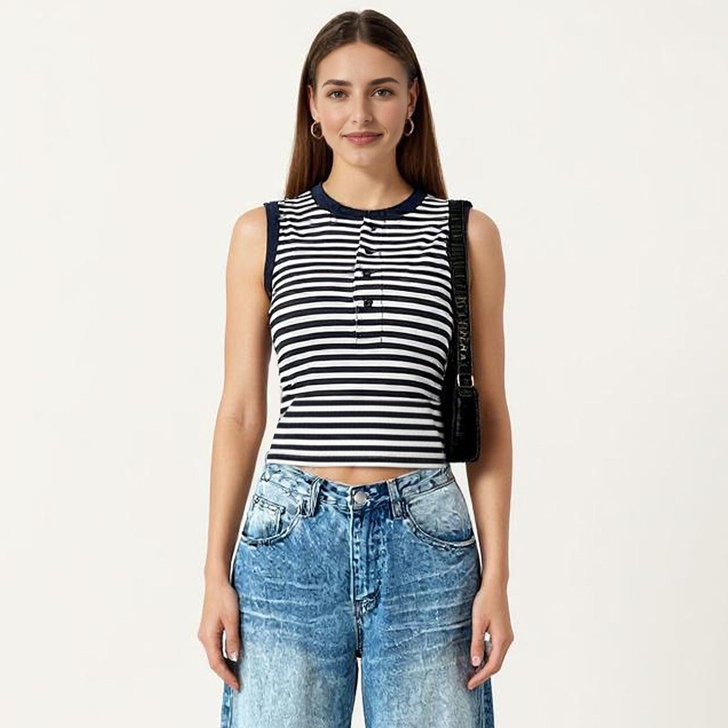 Striped Sleeveless Knit Tank Top with Button Front Crew Neck