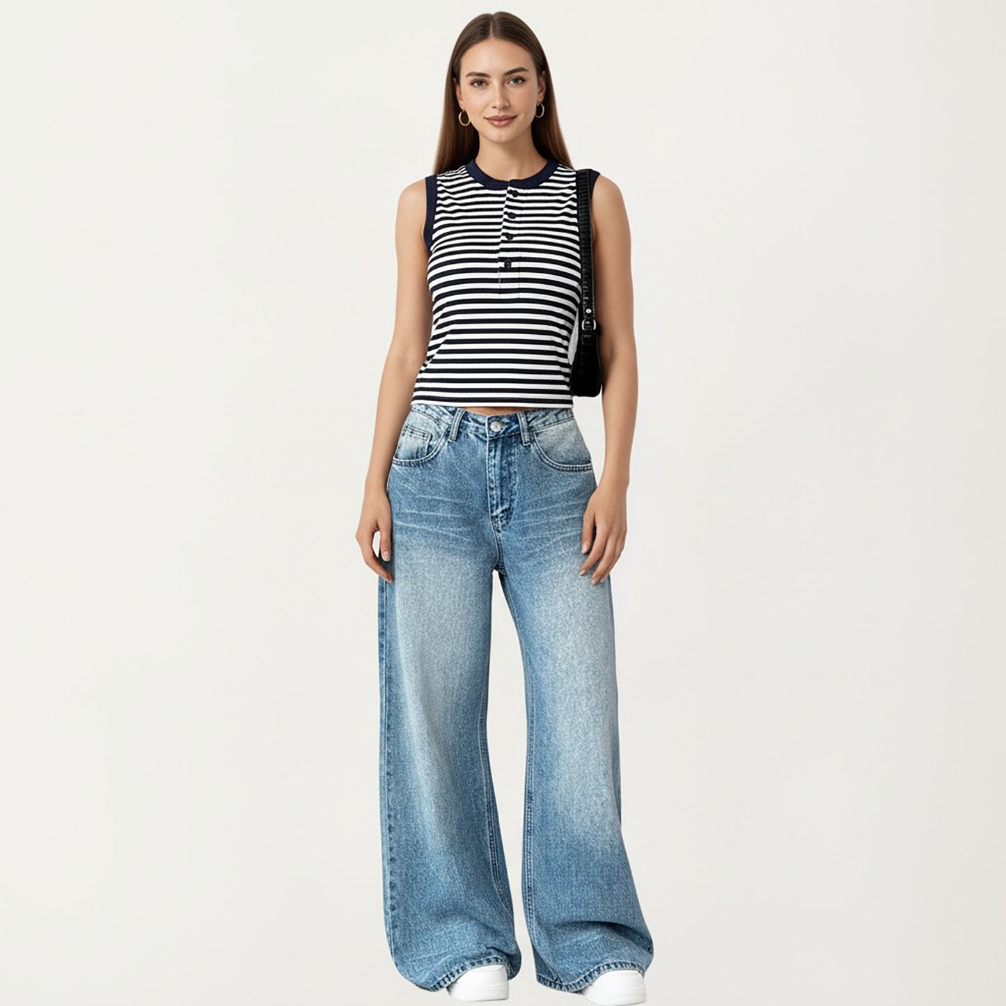 Striped Sleeveless Knit Tank Top with Button Front Crew Neck