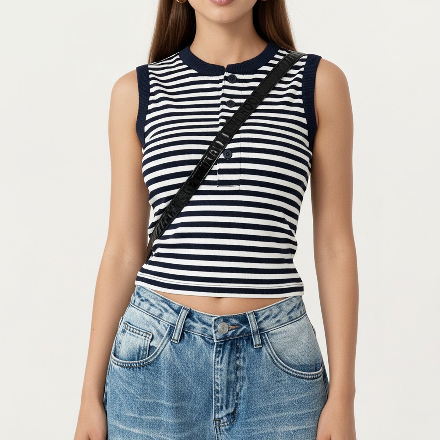 Striped Sleeveless Knit Tank Top with Button Front Crew Neck