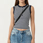 Striped Sleeveless Knit Tank Top with Button Front Crew Neck
