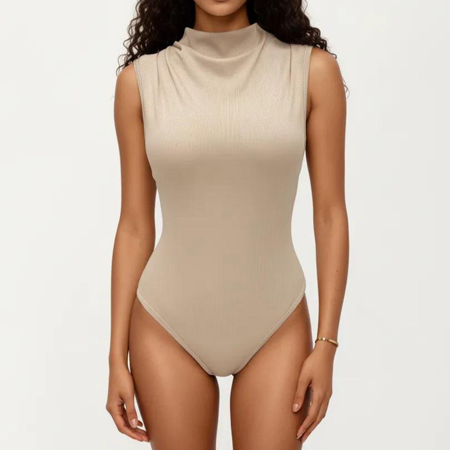 Sleeveless Ribbed Knit Bodysuit with Mock Neck Fitted Silhouette
