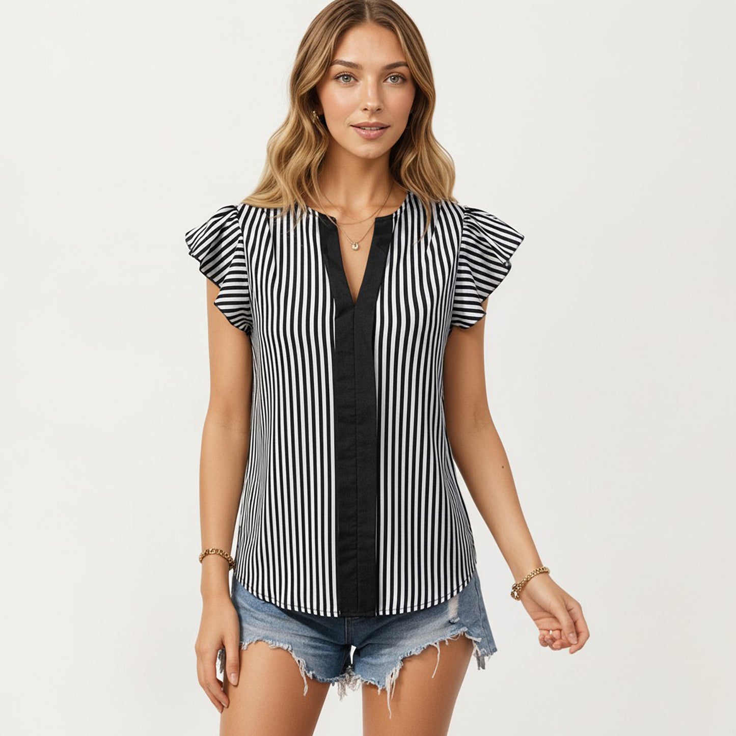 Vertical Stripe Flutter Sleeve Blouse with Split Neck Contrast Panel