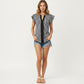 Vertical Stripe Flutter Sleeve Blouse with Split Neck Contrast Panel
