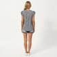 Vertical Stripe Flutter Sleeve Blouse with Split Neck Contrast Panel