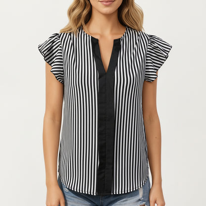 Vertical Stripe Flutter Sleeve Blouse with Split Neck Contrast Panel
