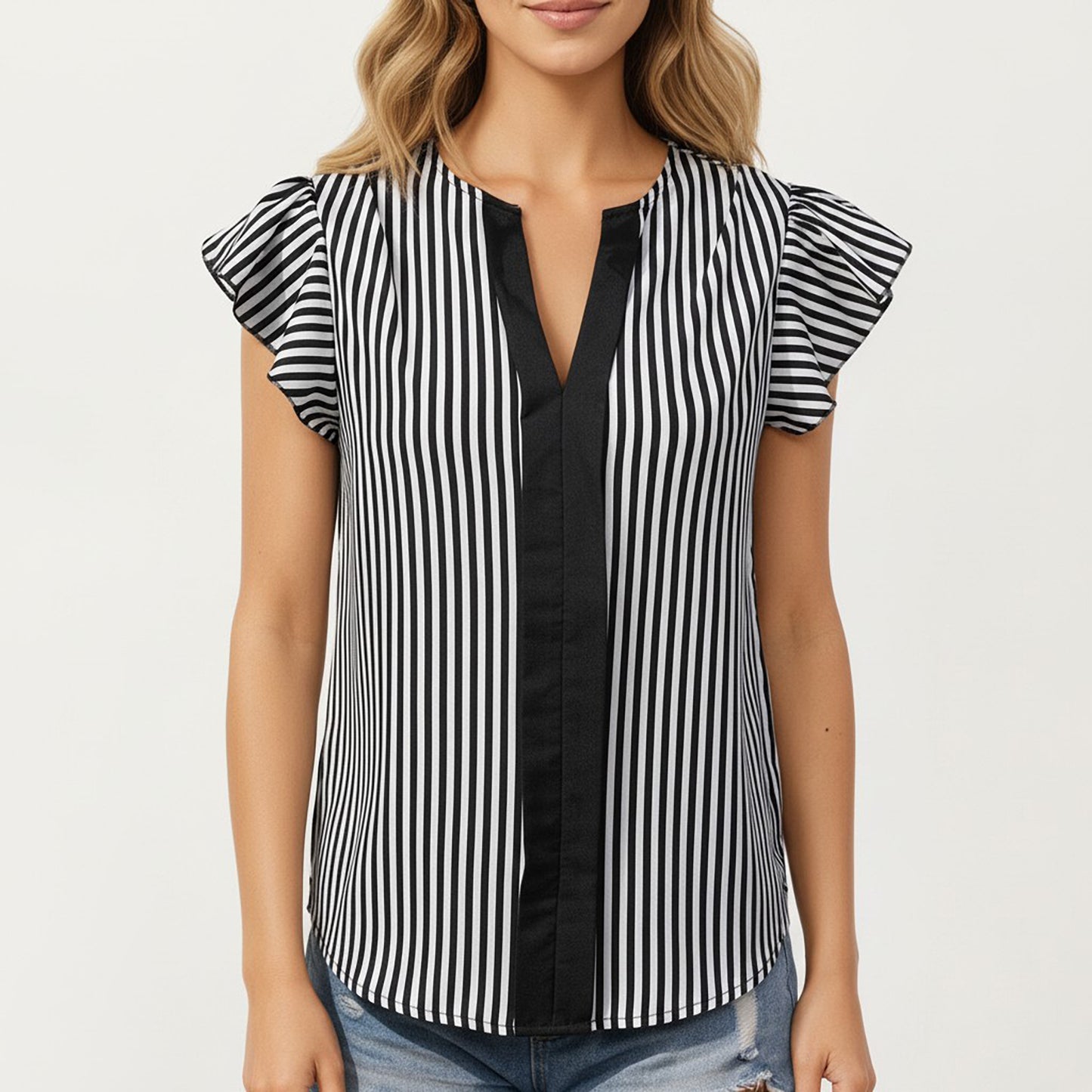 Vertical Stripe Flutter Sleeve Blouse with Split Neck Contrast Panel