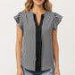 Vertical Stripe Flutter Sleeve Blouse with Split Neck Contrast Panel