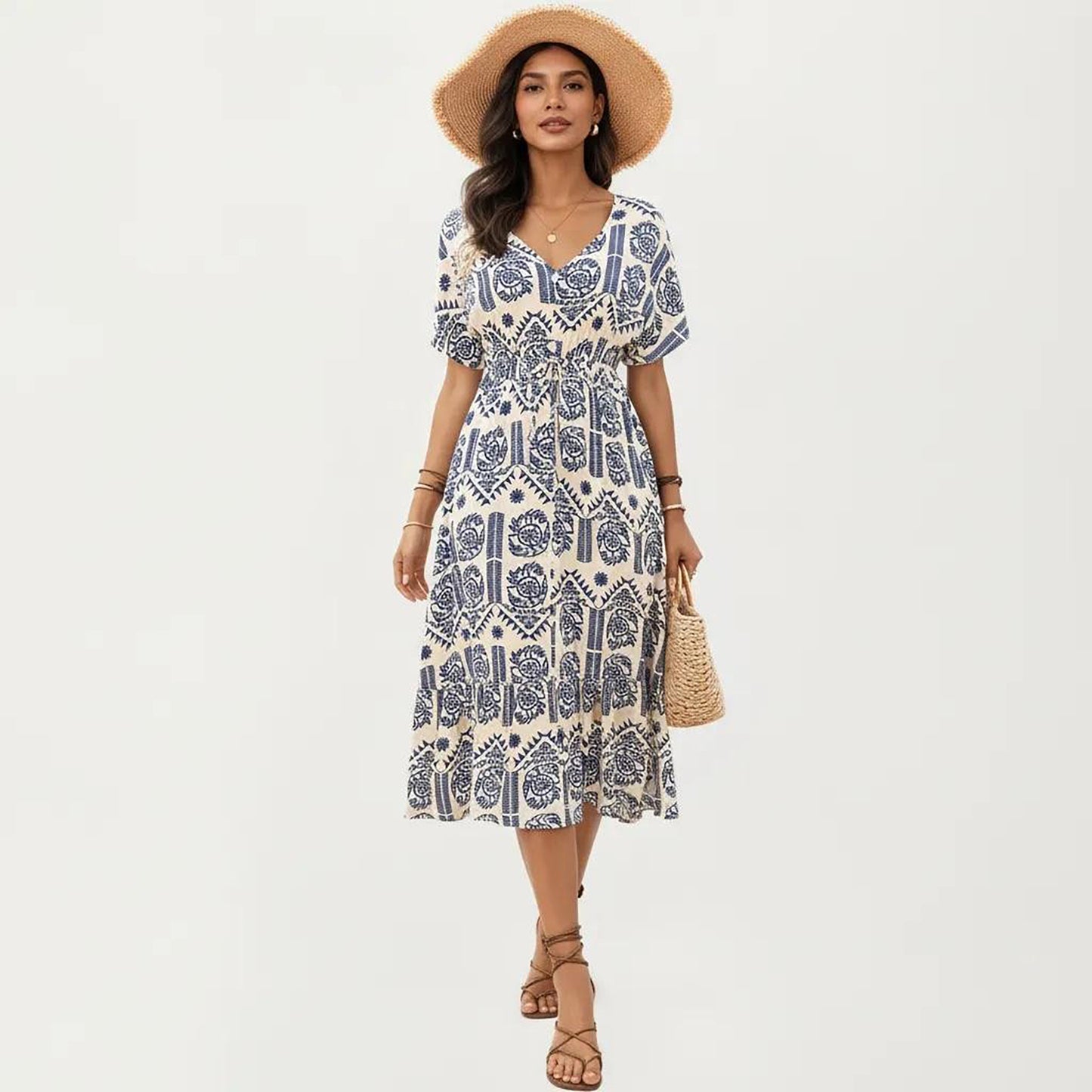 V Neck Short Sleeve Printed Midi Dress with Drawstring Waist