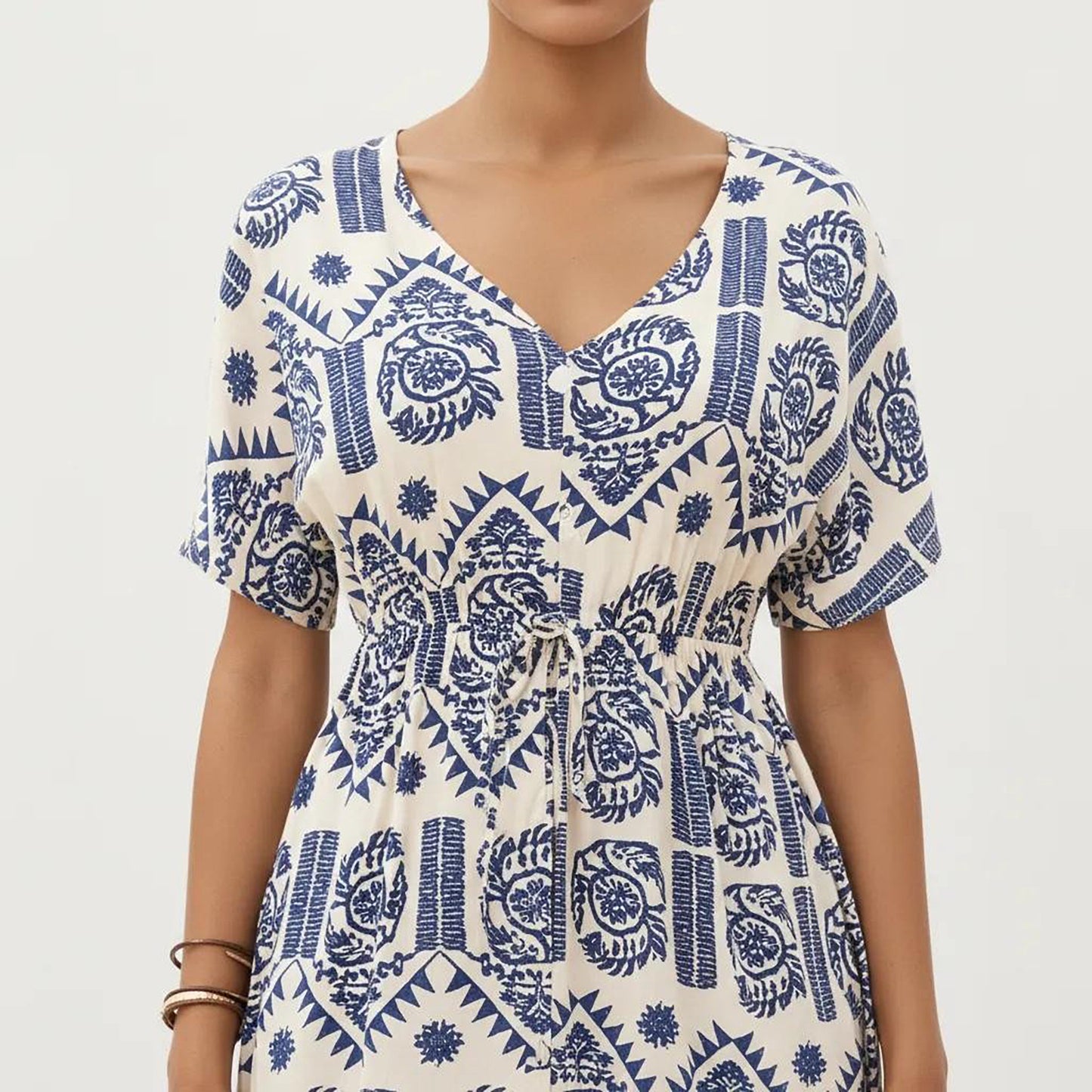 V Neck Short Sleeve Printed Midi Dress with Drawstring Waist