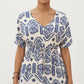 V Neck Short Sleeve Printed Midi Dress with Drawstring Waist