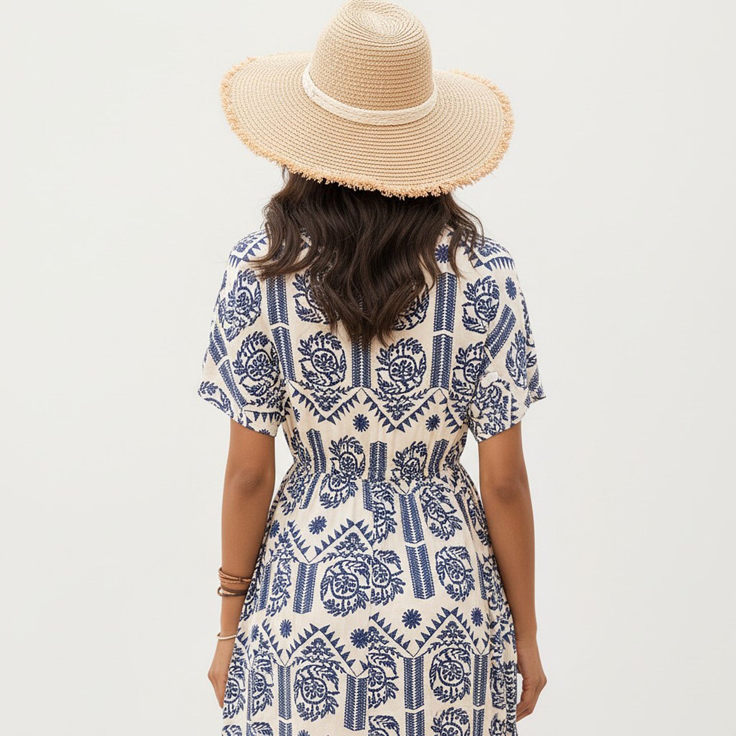 V Neck Short Sleeve Printed Midi Dress with Drawstring Waist