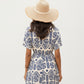 V Neck Short Sleeve Printed Midi Dress with Drawstring Waist