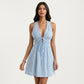 Sleeveless V Neck Striped Dress with Drawstring Waist and Tie Front