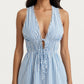 Sleeveless V Neck Striped Dress with Drawstring Waist and Tie Front