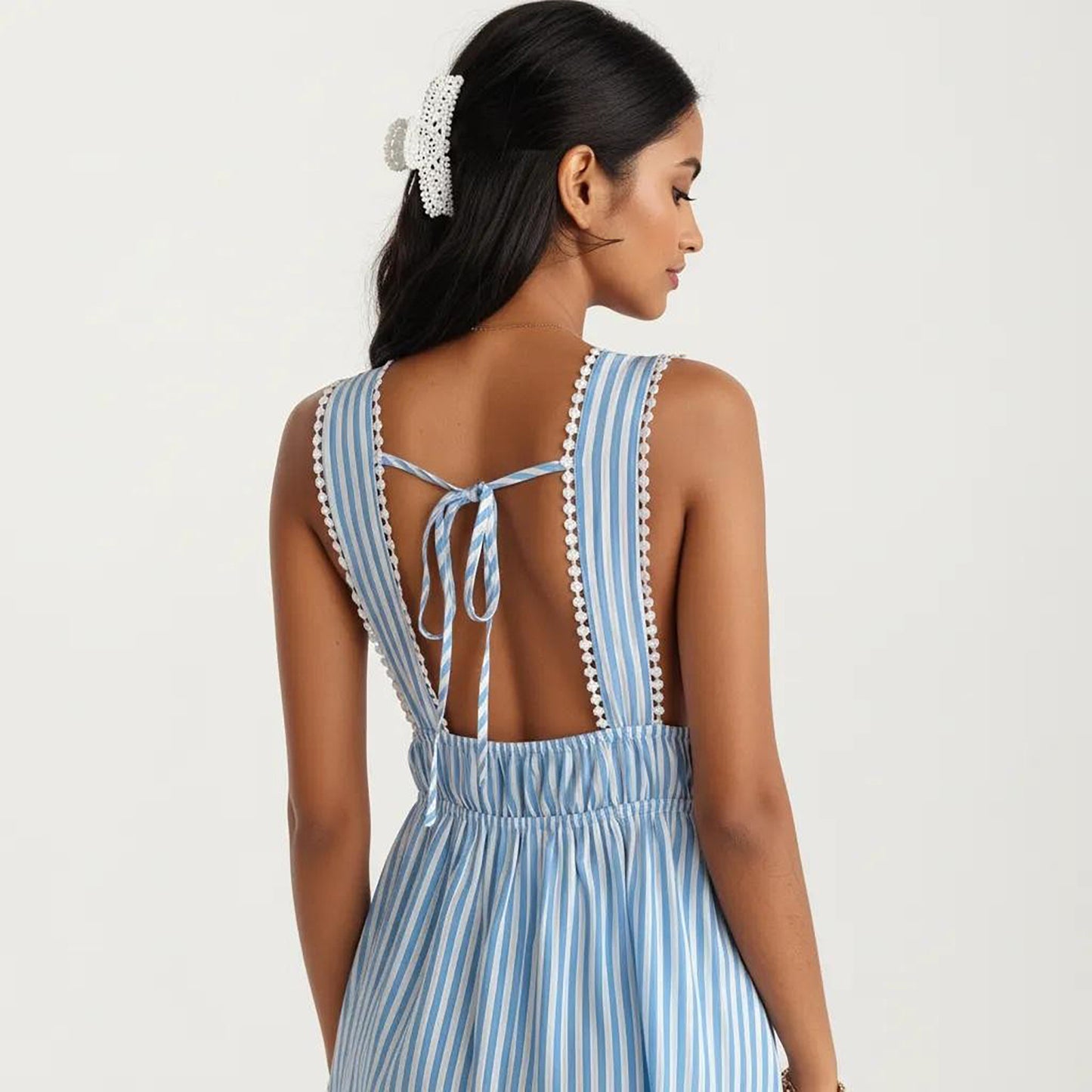 Sleeveless V Neck Striped Dress with Drawstring Waist and Tie Front