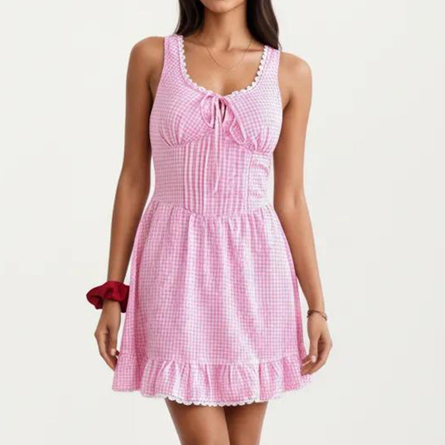 Sleeveless Gingham Mini Dress with Tie Front Bodice and Ruffle Hem