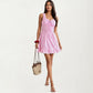 Sleeveless Gingham Mini Dress with Tie Front Bodice and Ruffle Hem