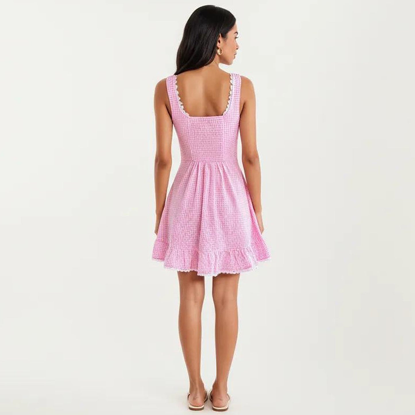 Sleeveless Gingham Mini Dress with Tie Front Bodice and Ruffle Hem