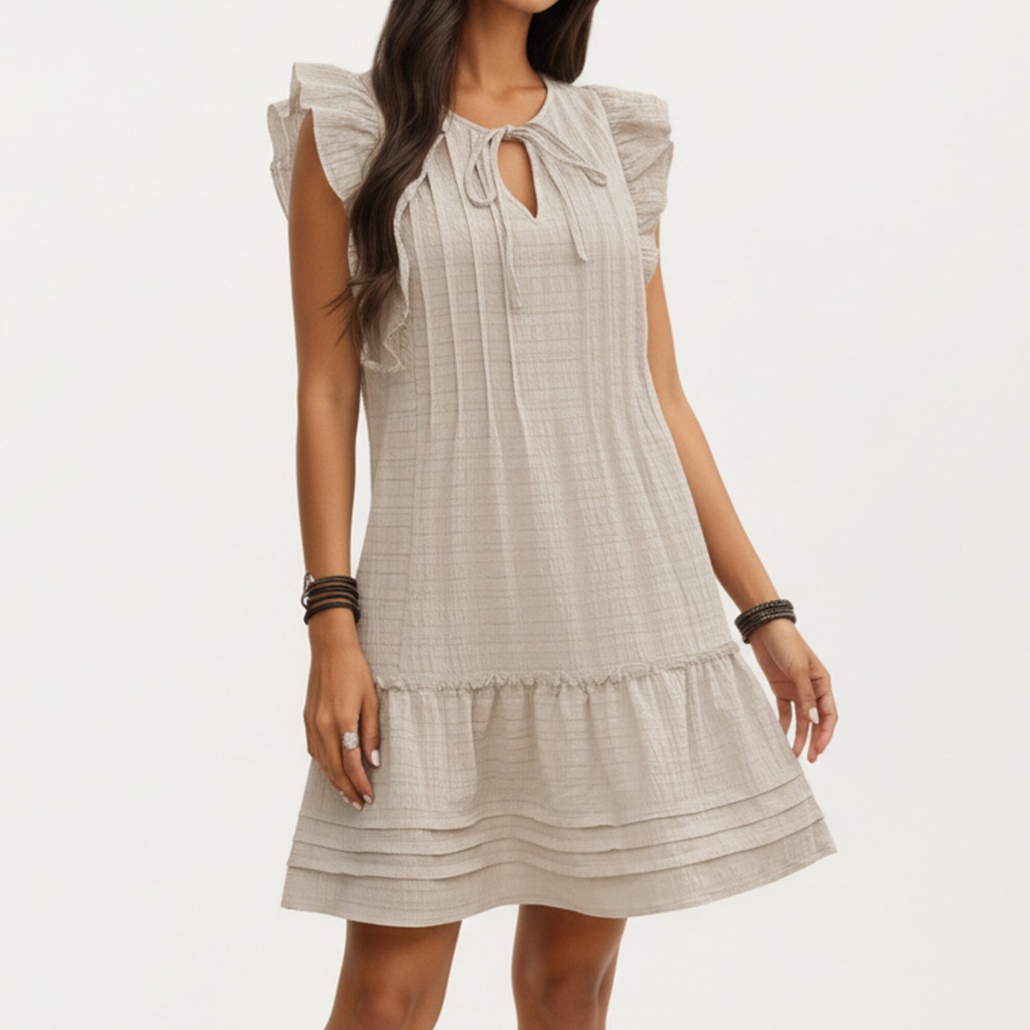 Sleeveless Ruffle Mini Dress with Tie Neck Detail and Tiered Hem